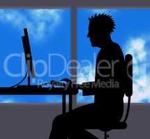 Man Working Online Indicates Web Site And Computer