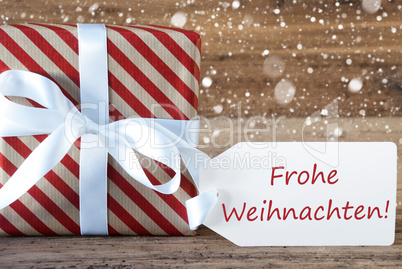 Present With Snowflakes, Text Frohe Weihnachten Means Merry Chri
