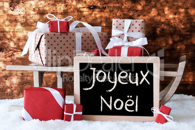 Sleigh With Gifts, Snow, Bokeh, Joyeux Noel Means Merry Christma