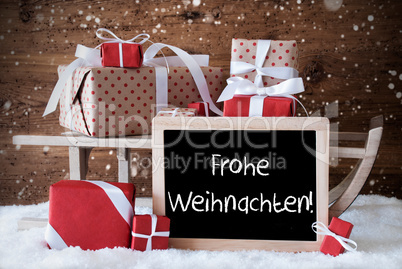 Sleigh With Gifts, Snow, Snowflakes, Frohe Weihnachten Means Mer