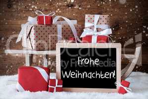 Sleigh With Gifts, Snow, Snowflakes, Frohe Weihnachten Means Mer
