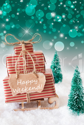 Vertical Christmas Sleigh On Green Background, Text Happy Weekend