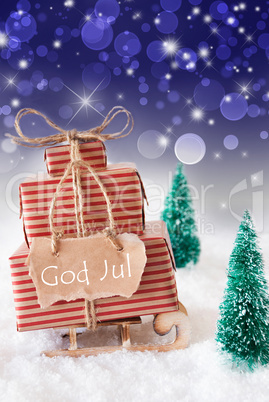 Vertical Sleigh, Blue Background, God Jul Means Merry Christmas