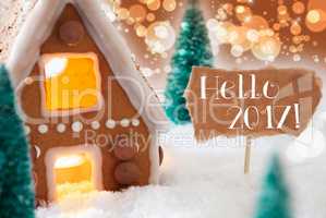 Gingerbread House, Bronze Background, Text Hello 2017