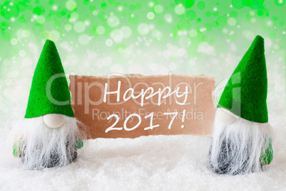 Green Natural Gnomes With Card, Text Happy 2017
