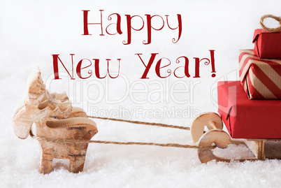 Reindeer With Sled On Snow, Text Happy New Year