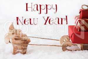 Reindeer With Sled On Snow, Text Happy New Year