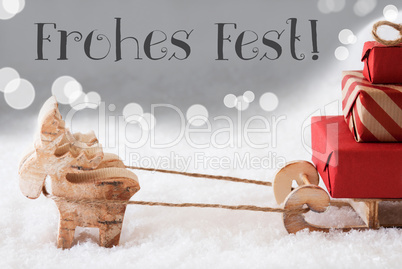 Reindeer With Sled, Silver Background, Frohes Fest Means Merry Christmas