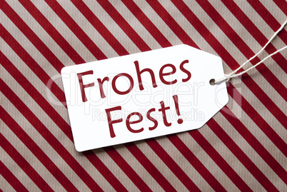 Label On Red Wrapping Paper, Frohes Fest Means Merry Christmas