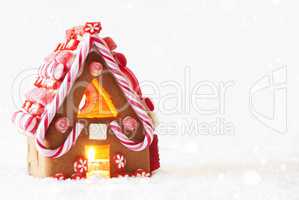 Gingerbread House, White Background With Snowflakes, Copy Space