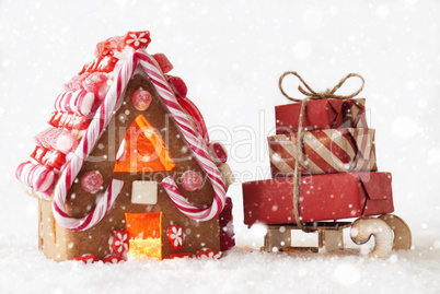 Gingerbread House, White Background And Snowflakes, Sled With Gifts
