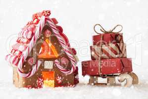 Gingerbread House, White Background And Snowflakes, Sled With Gifts