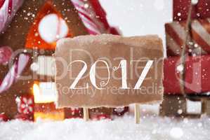 Gingerbread House With Sled, Snowflakes, Text 2017