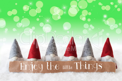 Gnomes, Green Background, Bokeh, Stars, Quote Enjoy The Little Things