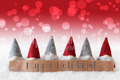 Gnomes, Red Background, Bokeh, Text Happy Holidays