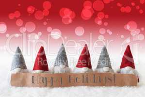 Gnomes, Red Background, Bokeh, Text Happy Holidays