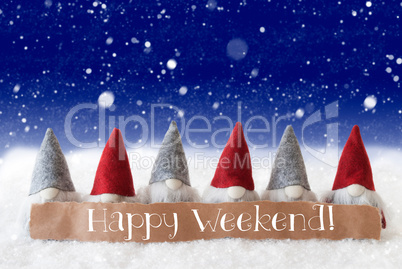 Gnomes, Blue Background, Snowflakes, Text Happy Weekend
