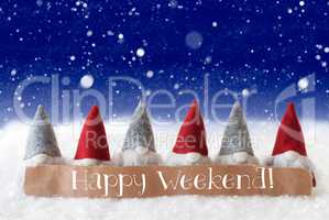 Gnomes, Blue Background, Snowflakes, Text Happy Weekend