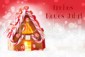 Gingerbread House, Red Background, Text Neues Jahr Means New Year