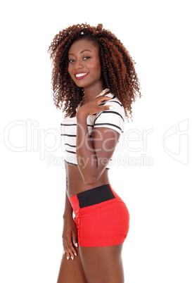 Beautiful black woman in shorts.