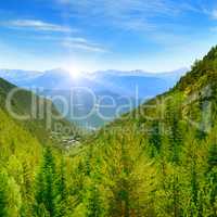 Dawn in the picturesque mountains covered with forests