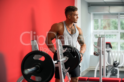 Handsome bodybuilder posing in gym with barbell
