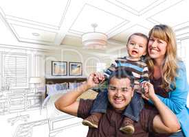 Mixed Race Family With Baby Over Bedroom Drawing and Photo