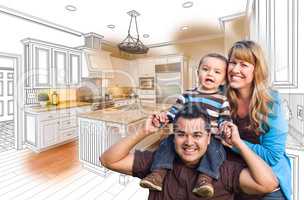 Young Mixed Race Family Over Kitchen Drawing with Photo Combinat