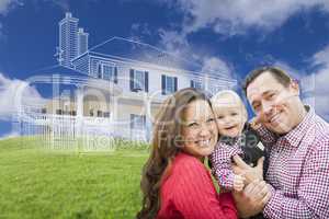 Happy Family with Ghosted House Drawing Behind