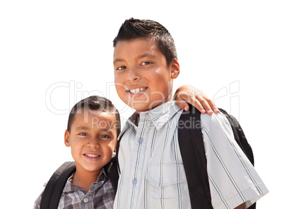 Young Hispanic Student Brothers Wearing Their Backpacks on White