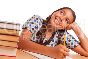 Pretty Hispanic Girl Daydreaming While Studying on White