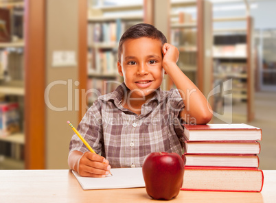 Hispanic Boy with Books, Apple, Pencil and Paper at Library