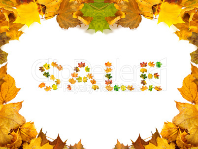 Autumn maple-leafs background with word SALE composed of autumna