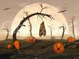 Halloween pumpkins and spooky trees - 3D render
