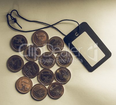 Vintage Euro coins with price tag label