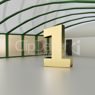 commercial hall with golden ONE inside, 3d illustration