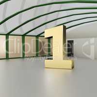 commercial hall with golden ONE inside, 3d illustration