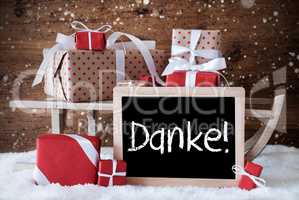 Sleigh With Gifts, Snow, Snowflakes, Danke Means Thank You