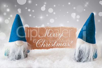 Blue Gnomes With Card, Text Merry Christmas