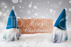 Blue Gnomes With Card, Text Merry Christmas