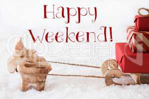 Reindeer With Sled On Snow, Text Happy Weekend