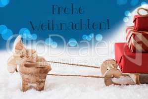 Reindeer With Sled, Blue Background, Frohe Weihnachten Means Merry Christmas