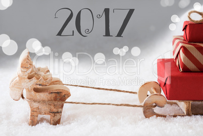 Reindeer With Sled, Silver Background, Text 2017