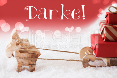 Reindeer With Sled, Red Background, Danke Means Thank You