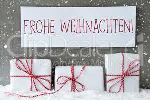 White Gift With Snowflakes, Frohe Weihnachten Means Merry Christ
