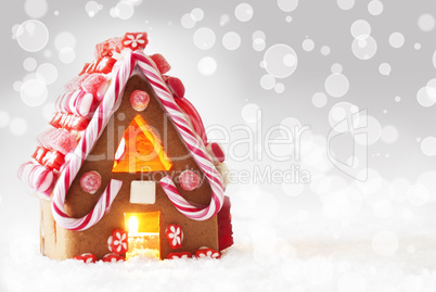 Gingerbread House, Silver Background With Bokeh, Copy Space