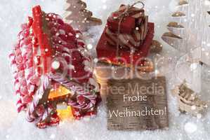 Gingerbread House, Sled, Snowflakes, Frohe Weihnachten Means Merry Christmas