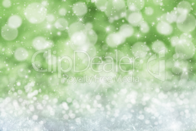 Green Christmas Background With Snow, Snwoflakes, Stars And Bokeh