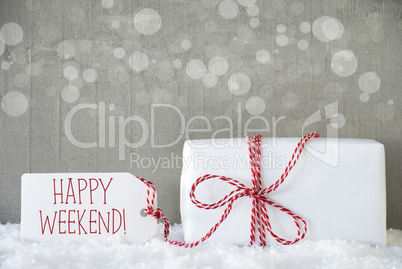 Gift, Cement Background With Bokeh, Text Happy Weekend