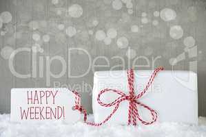 Gift, Cement Background With Bokeh, Text Happy Weekend
